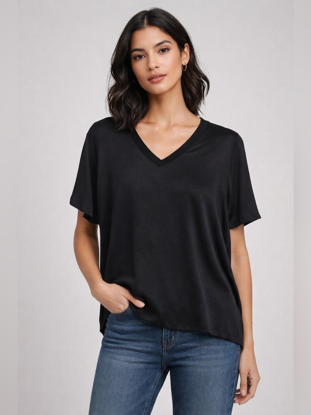 Nation LTD Black Rayon V‑Neck Top XS Short Sleeve  Minimalist Elevated Basic